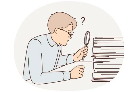 Man auditor looking for errors in financial statements by looking through pile Stock Illustration