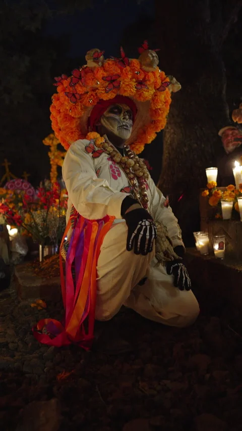 Man in authentic skeleton makeup  Day of the Dead Stock Footage 342892393