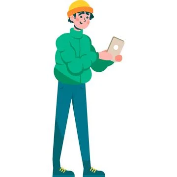 Man in autumn clothes with mobile tablet vector icon isolated on white Illustrazione stock