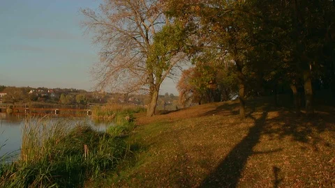 Man on a autumn riverbank Stock Footage 70924666