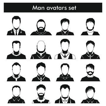 Man avatars set in black simple style Stock Illustration