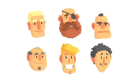 Man Avatars Vector Set. Face Social View Concept Stock Illustration