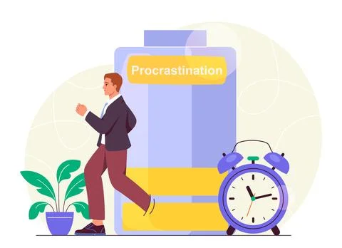 Man avoiding procrastination. Young guy runs from alarm clock and battery with Stock-Illustration