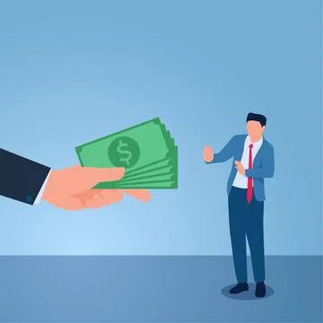 The man avoids refusing the money given by the big hand of his boss, illust.. Stock Illustration