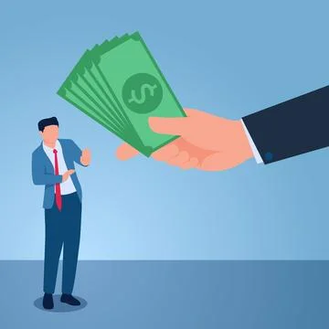 The man avoids refusing the money given by the big hand of his boss, illust.. Stock Illustration