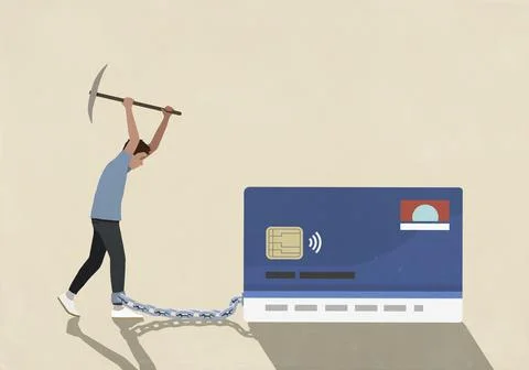 Man with axe attempting to break chain connecting ankle to credit card Stock Illustration
