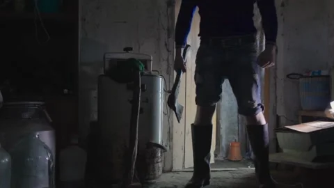 A man with an axe standing in a dark room. copy space Video stock 137133741