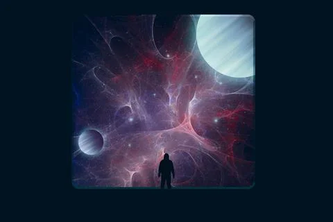 A man, back to camera, looking out of a portal onto a universe of stars Stock Photos