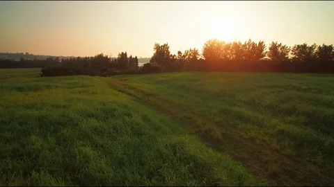 Man with a back pack walking in a grass field at sunset with drone movement Video stock 125111742