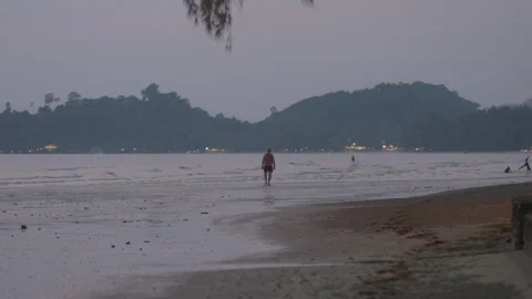Man Back View Walking on Beach at Sunset Dusk, Faceless B-Roll Stock Footage 337533003
