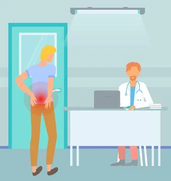 Man with backache makes appointment with doctor. Patient with pain in back at 스톡 일러스트