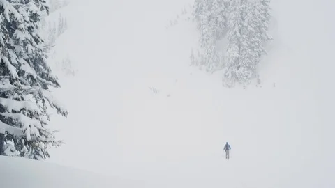 Man Backcountry Skiing though Mt Baker Wilderness in a storm - Wide Shot Stock Footage 86002847