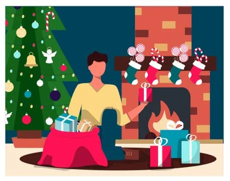 A man on the background of a Christmas tree and a fireplace takes out Christmas Stock Illustration
