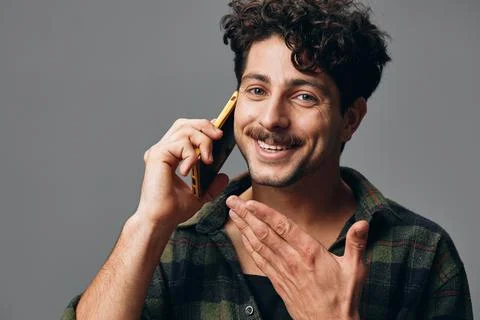 Man background grey happy studio stylish phone lifestyle Stock Photos