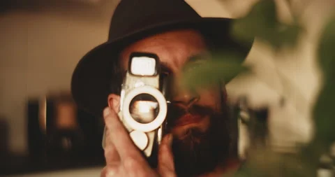 Man in background record view with vintage camera Video stock 203578189