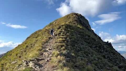 A man with a backpack and accompanied by a Labrador dog confidently climbs to Stock Footage 283393443