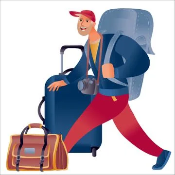 A man with a backpack and a camera is walking and standing next to him is a Stock Illustration