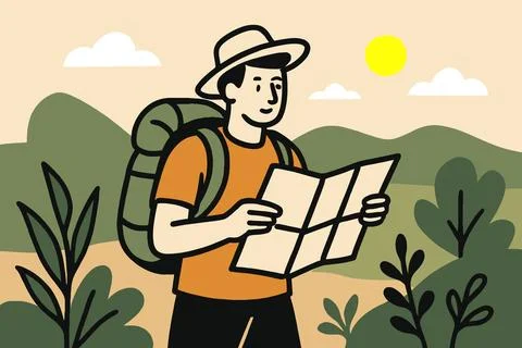 Man with backpack and hat reading a map outdoors Illustrazione stock