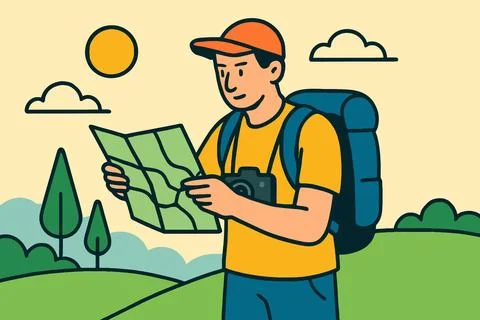 Man with backpack and map exploring nature on a sunny day Illustrazione stock