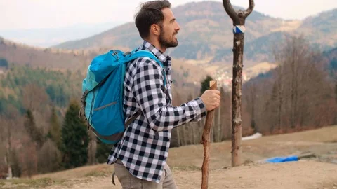 Man with backpack and stick hiking in the forest Stock-Footage 106553024