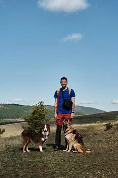 A man with a backpack and two dogs travels in the fields in the mountains o.. Stock Photos