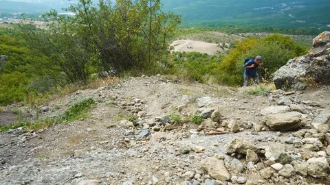 Man With Backpack Climbing Mountain Path In Summer Stock Footage 115150458