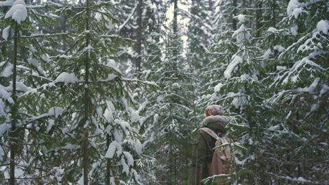 A man with a backpack enters the thicket of the winter forest.  Stock Footage 164402854