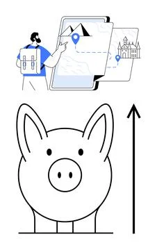 Man with backpack explores map. Open book mountain castle piggy bank upward a 스톡 일러스트