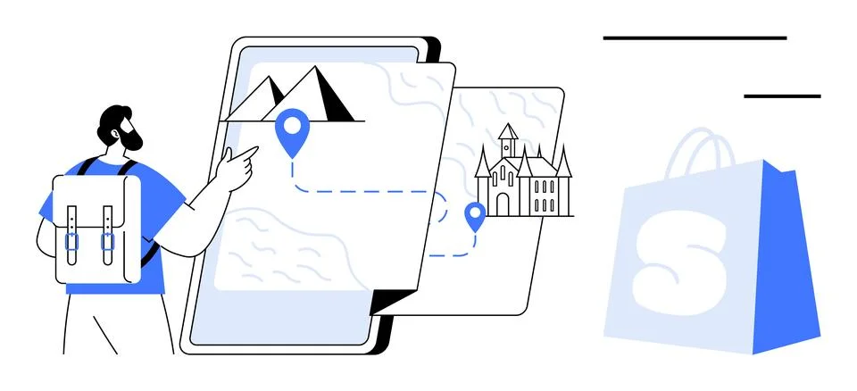 Man With Backpack Exploring Map Leading to Mountain and Castle イラスト素材