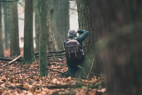 Man with backpack in forest taking pictures. Stock Photos