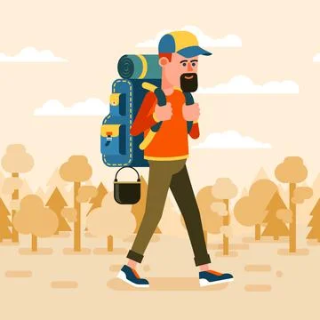 Man with backpack on a hike Stock Illustration
