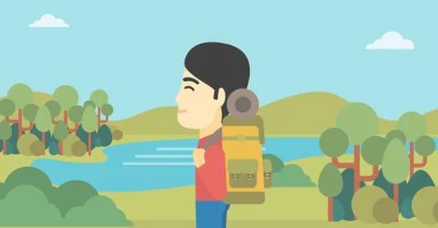 Man with backpack hiking vector illustration 스톡 일러스트