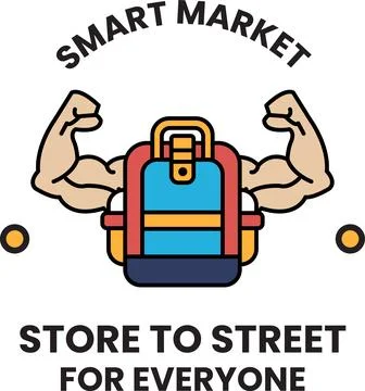 A man with a backpack on his shoulders with the words smart market above him Ilustração Stock