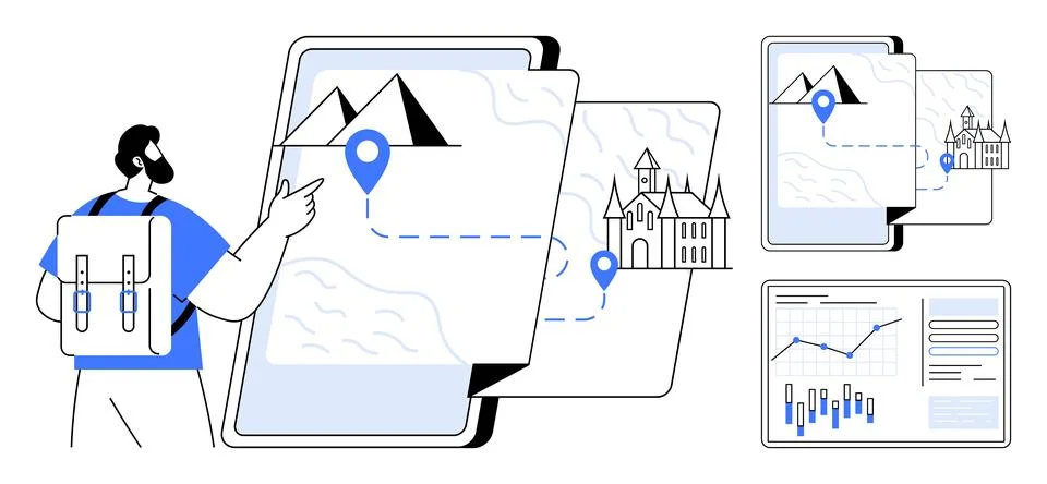 Man with backpack interacting with digital map, showcasing routes between mou Illustrazione stock