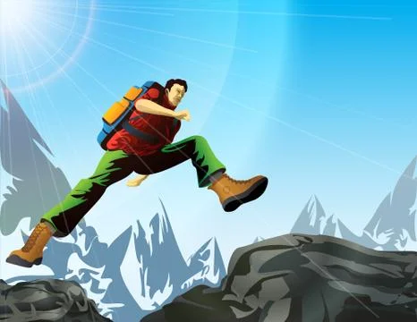 Man with backpack jump in mountains Stock Illustration