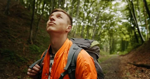 Man with Backpack Looking Around in Forest 動画素材 115288666