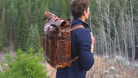 Man with backpack looking at forest Stock Footage 152536251
