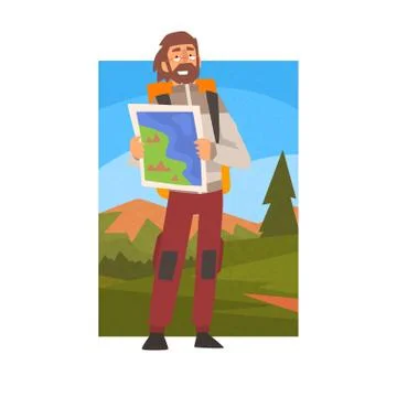 Man with Backpack Looking Through Binoculars, Guy in Summer Mountain Landscape Illustrazione stock