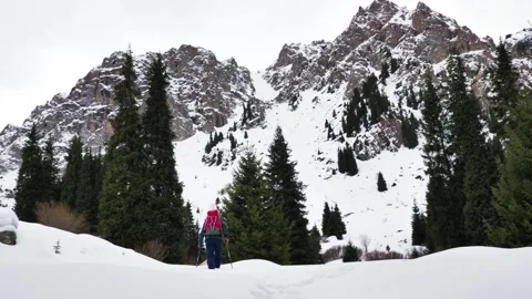 A man with a backpack makes a winter hike in the mountains Stock Footage 262443234