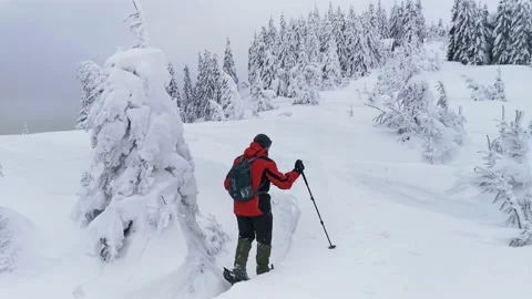 Man With A Backpack Overcomes An Obstacle In His Way On A Winter Hike. Stock Footage 219953655