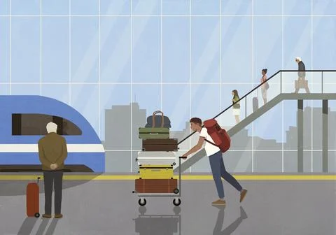 Man with backpack pushing cart with stack of suitcases in train station Stock Illustration