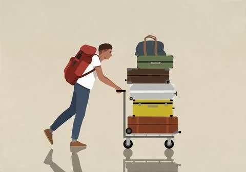 Man with backpack pushing cart with stack of suitcases Stock Illustration
