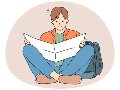 Man with backpack reading paper map Stock Illustration