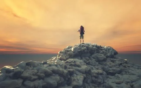 Man with backpack on a rock Stock Illustration