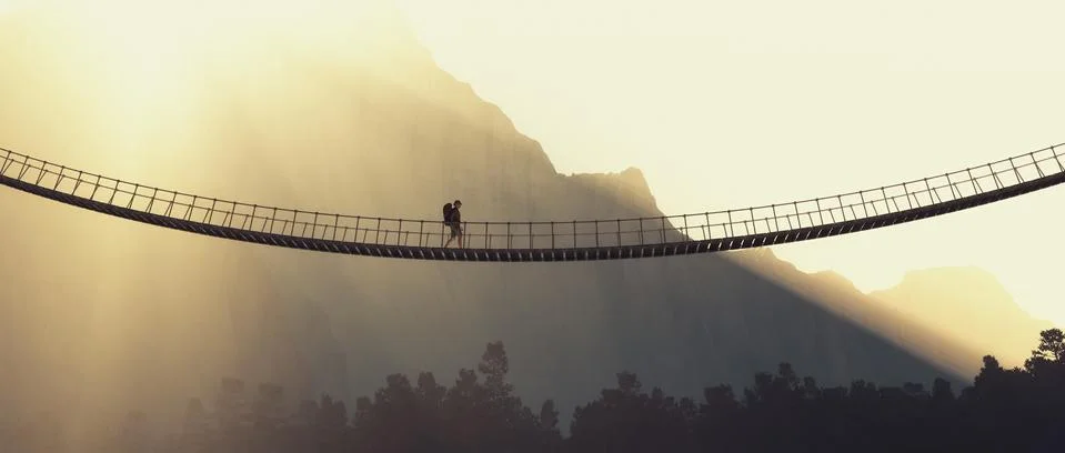 Man with backpack on a rope bridge Illustrazione stock