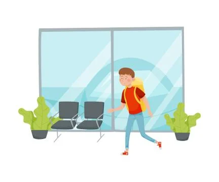 Man with Backpack Running to Catch Flight Vector Illustration Illustrazione stock