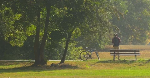 Man With Backpack is Standing at The Bench Man's Back Mid Shot Bicycle is Stock Footage 56075668
