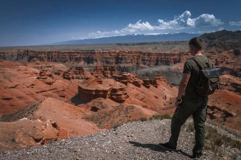 Man with backpack standing on the edge of big canyon Stock Photos