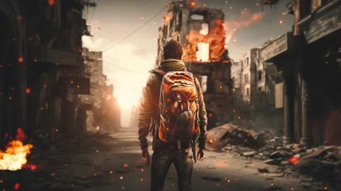 Man with a backpack standing on the outskirts of a destroyed city. Rubble and Stock Footage 233548194