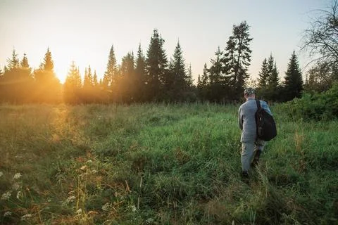 Man with backpack stands in field at sunset, surrounded by trees and grassland Stock Photos